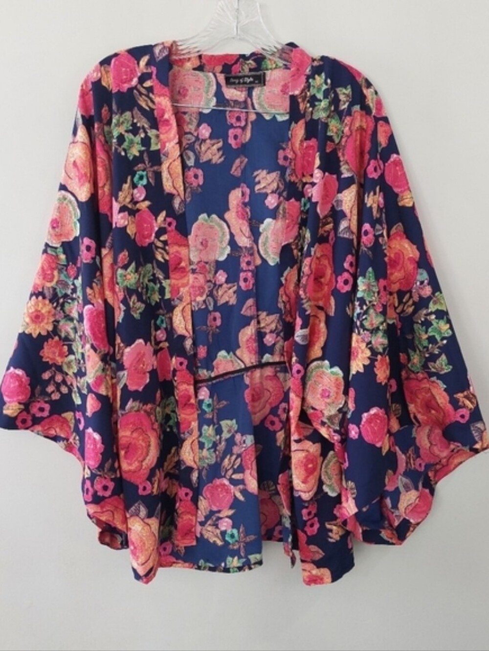Song of Style Cardigan Medium Blue Pink Floral Kimono Sleeves Lightweight
